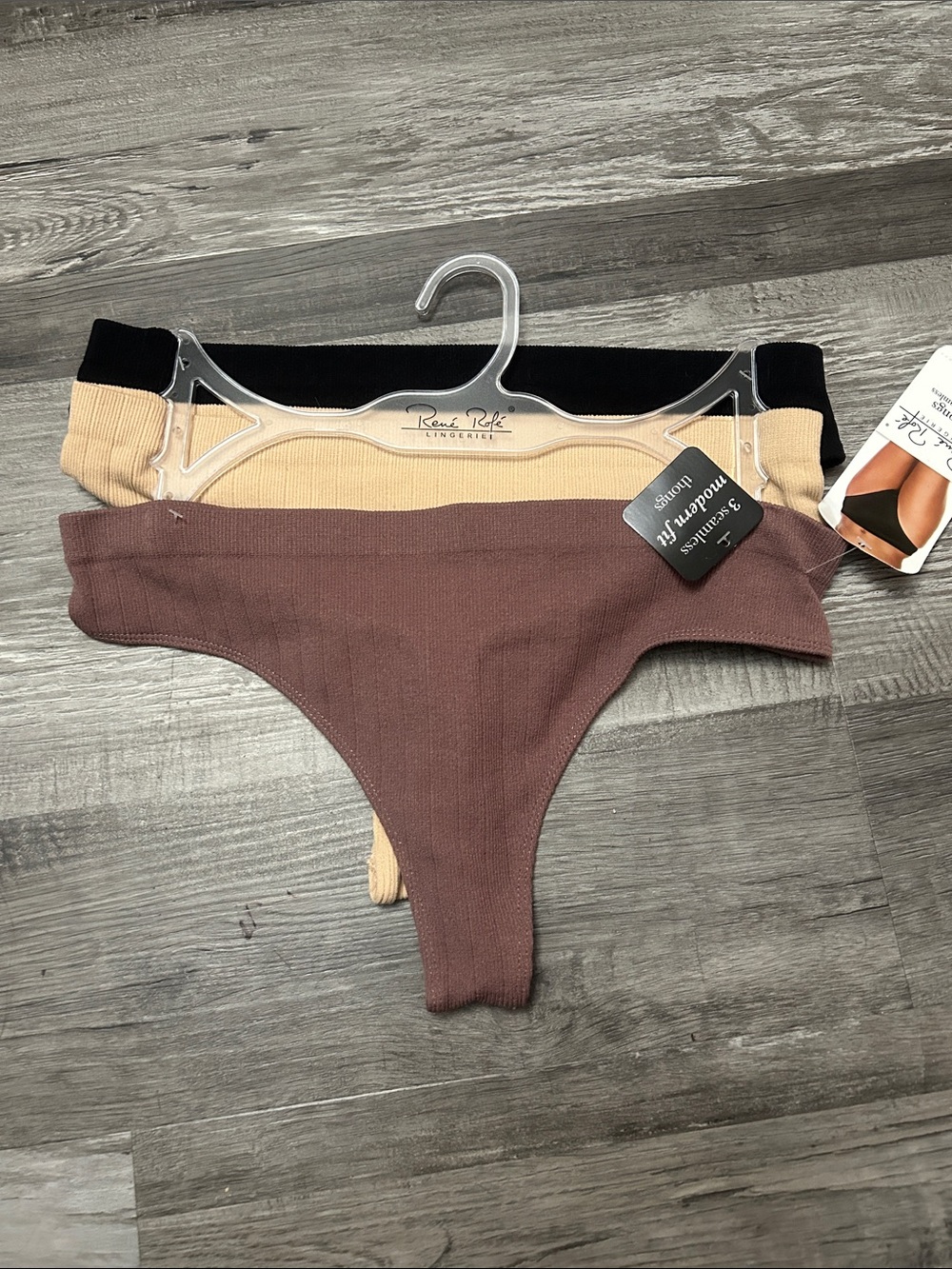Rene Rofe Ribbed Thong Panty Set - Black, Tan, Brown